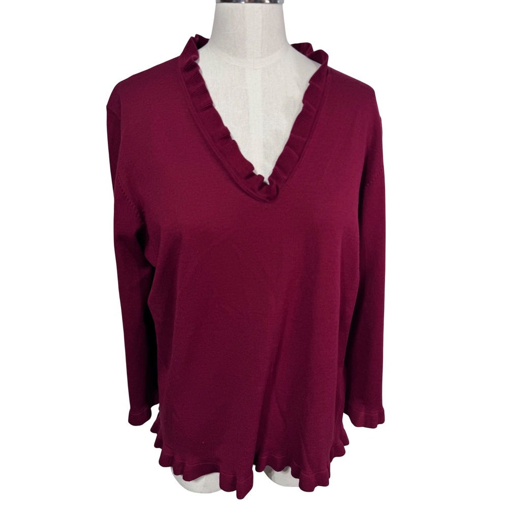 Josephine Chaus L Red Sweater Women's Silk Blend Ruffle V-Neck